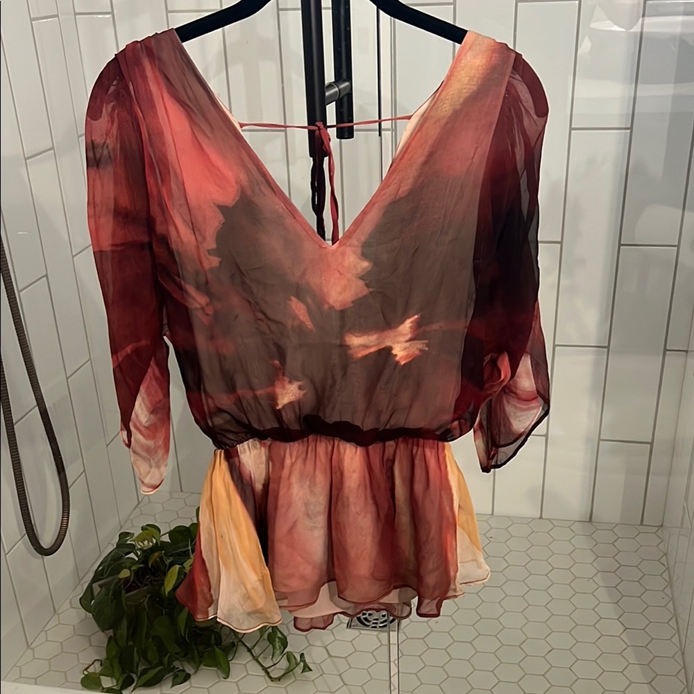 Alice + Olivia Flutter Sleeve Peplum Tunic in Red and Brown